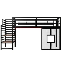 ModernLuxe Lit mezzanine en métal 90x200cm - Avec escalier de rangement - Avec éclairage LED - Design fenêtre - Noir ( sans matelas ) Discount