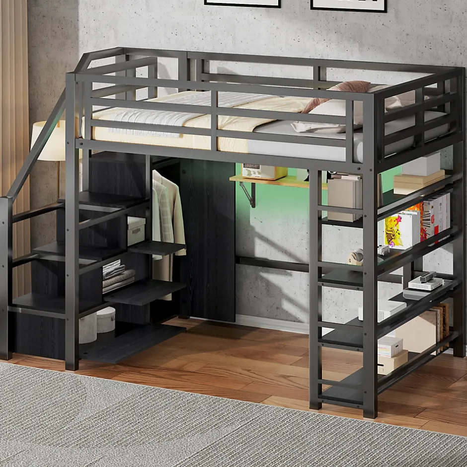 ModernLuxe Lit mezzanine en métal 140x200cm - avec LED - échelle de rangement - avec armoire et étagères - Noir ( sans matelas)