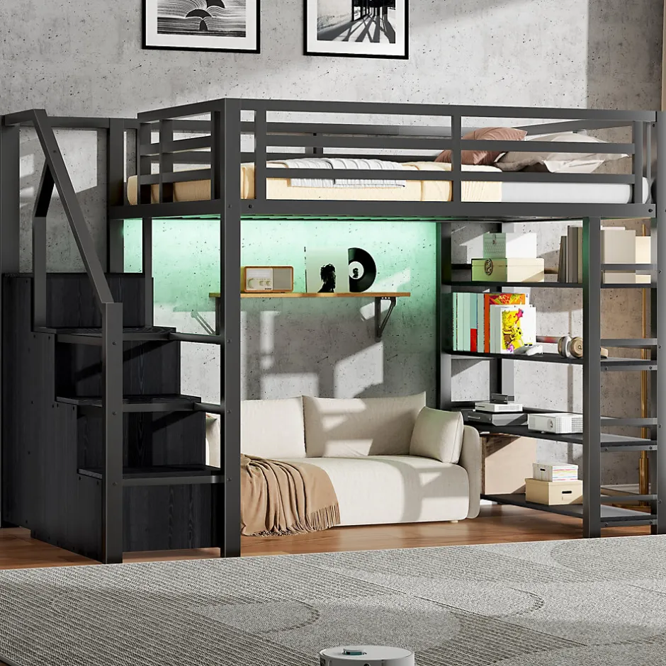 ModernLuxe Lit mezzanine en métal 140x200cm - avec LED - échelle de rangement - avec armoire et étagères - Noir ( sans matelas)
