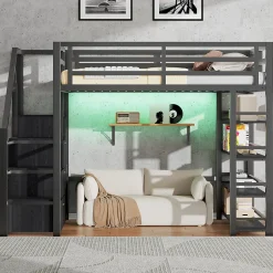 ModernLuxe Lit mezzanine en métal 140x200cm - avec LED - échelle de rangement - avec armoire et étagères - Noir ( sans matelas)