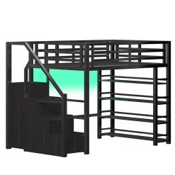 ModernLuxe Lit mezzanine en métal 140x200cm - avec LED - échelle de rangement - avec armoire et étagères - Noir ( sans matelas)