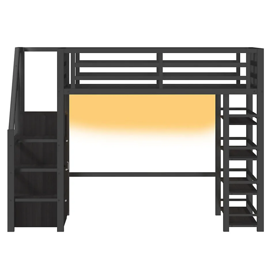 ModernLuxe Lit mezzanine en métal 140x200cm - avec LED - échelle de rangement - avec armoire et étagères - Noir ( sans matelas)