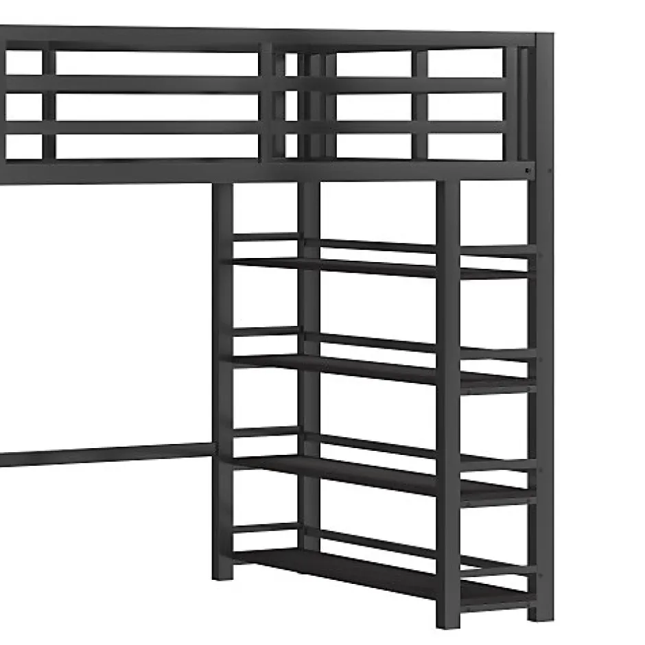 ModernLuxe Lit mezzanine en métal 140x200cm - avec LED - échelle de rangement - avec armoire et étagères - Noir ( sans matelas)