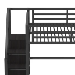 ModernLuxe Lit mezzanine en métal 140x200cm - avec LED - échelle de rangement - avec armoire et étagères - Noir ( sans matelas)