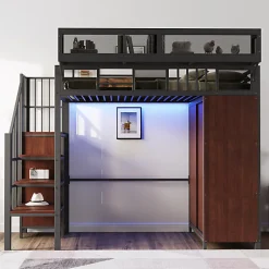 ModernLuxe Lit mezzanine en métal 90x200cm avec armoire - échelle de sécurité - avec LED - barrières de sécurité - noir (sans matelas)