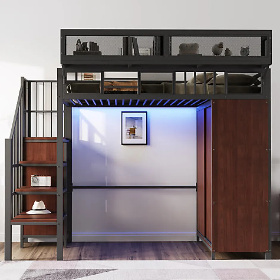 ModernLuxe Lit mezzanine en métal 90x200cm avec armoire - échelle de sécurité - avec LED - barrières de sécurité - noir (sans matelas)
