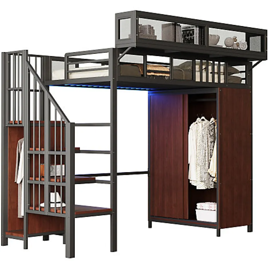 ModernLuxe Lit mezzanine en métal 90x200cm avec armoire - échelle de sécurité - avec LED - barrières de sécurité - noir (sans matelas)