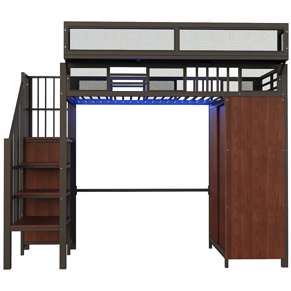 ModernLuxe Lit mezzanine en métal 90x200cm avec armoire - échelle de sécurité - avec LED - barrières de sécurité - noir (sans matelas)