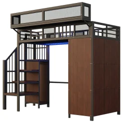 ModernLuxe Lit mezzanine en métal 90x200cm avec armoire - échelle de sécurité - avec LED - barrières de sécurité - noir (sans matelas)