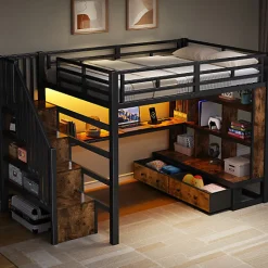 ModernLuxe Lit mezzanine en métal 140x200cm avec LED - avec bureau et étagères - 2 tiroirs et escalier de rangement - Noir(sans matelas)