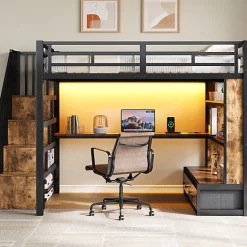 ModernLuxe Lit mezzanine en métal 140x200cm avec LED - avec bureau et étagères - 2 tiroirs et escalier de rangement - Noir(sans matelas)