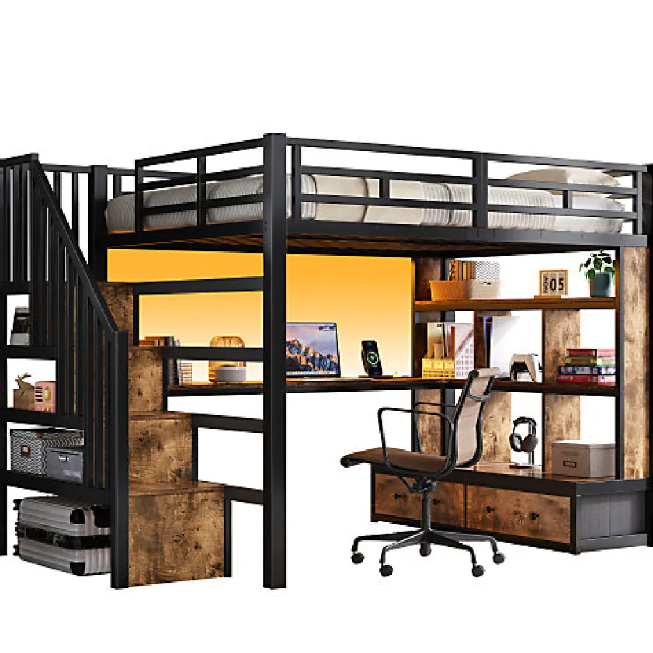 ModernLuxe Lit mezzanine en métal 140x200cm avec LED - avec bureau et étagères - 2 tiroirs et escalier de rangement - Noir(sans matelas)