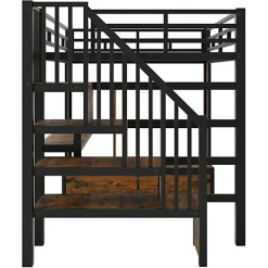 ModernLuxe Lit mezzanine en métal 140x200cm avec LED - avec bureau et étagères - 2 tiroirs et escalier de rangement - Noir(sans matelas)