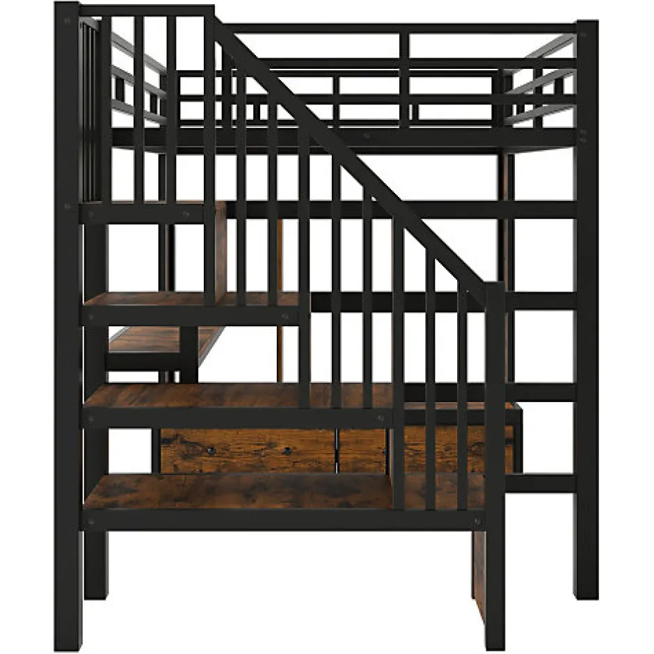 ModernLuxe Lit mezzanine en métal 140x200cm avec LED - avec bureau et étagères - 2 tiroirs et escalier de rangement - Noir(sans matelas)