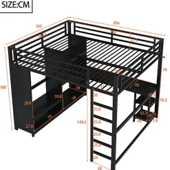 ModernLuxe Lit mezzanine en métal 160x200cm avec LED - Bureau et compartiments de rangement - Armoire ouverte - Noir (sans matelas)