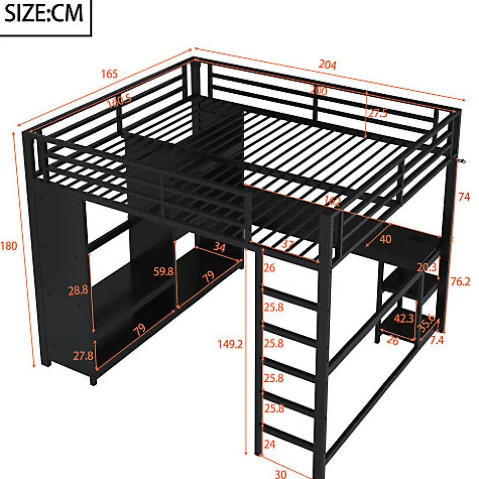 ModernLuxe Lit mezzanine en métal 160x200cm avec LED - Bureau et compartiments de rangement - Armoire ouverte - Noir (sans matelas)