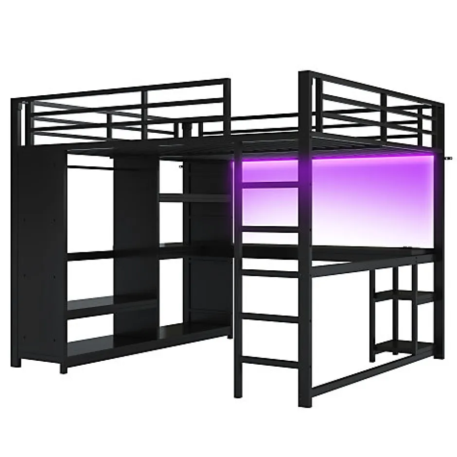 ModernLuxe Lit mezzanine en métal 160x200cm avec LED - Bureau et compartiments de rangement - Armoire ouverte - Noir (sans matelas)