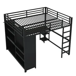 ModernLuxe Lit mezzanine en métal 160x200cm avec LED - Bureau et compartiments de rangement - Armoire ouverte - Noir (sans matelas)