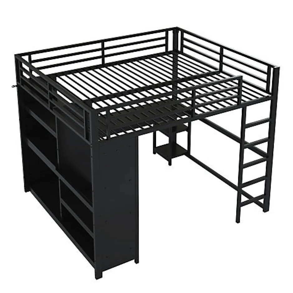 ModernLuxe Lit mezzanine en métal 160x200cm avec LED - Bureau et compartiments de rangement - Armoire ouverte - Noir (sans matelas)