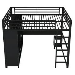 ModernLuxe Lit mezzanine en métal 160x200cm avec LED - Bureau et compartiments de rangement - Armoire ouverte - Noir (sans matelas)