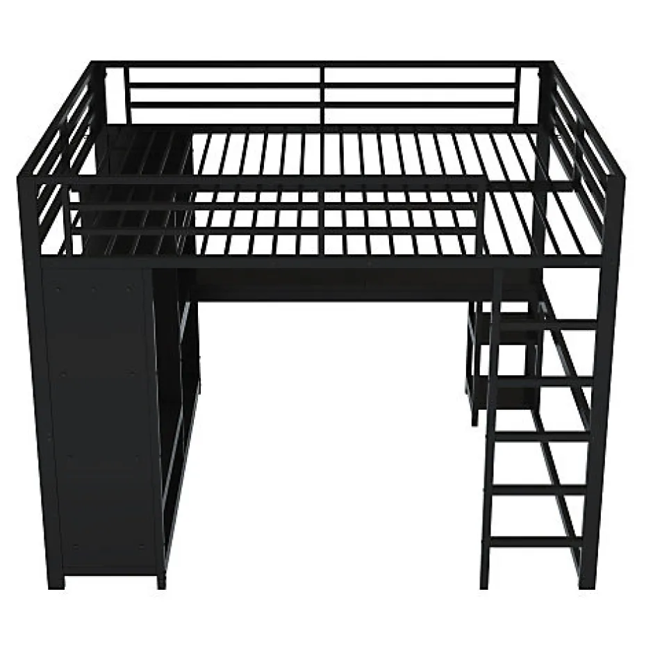 ModernLuxe Lit mezzanine en métal 160x200cm avec LED - Bureau et compartiments de rangement - Armoire ouverte - Noir (sans matelas)