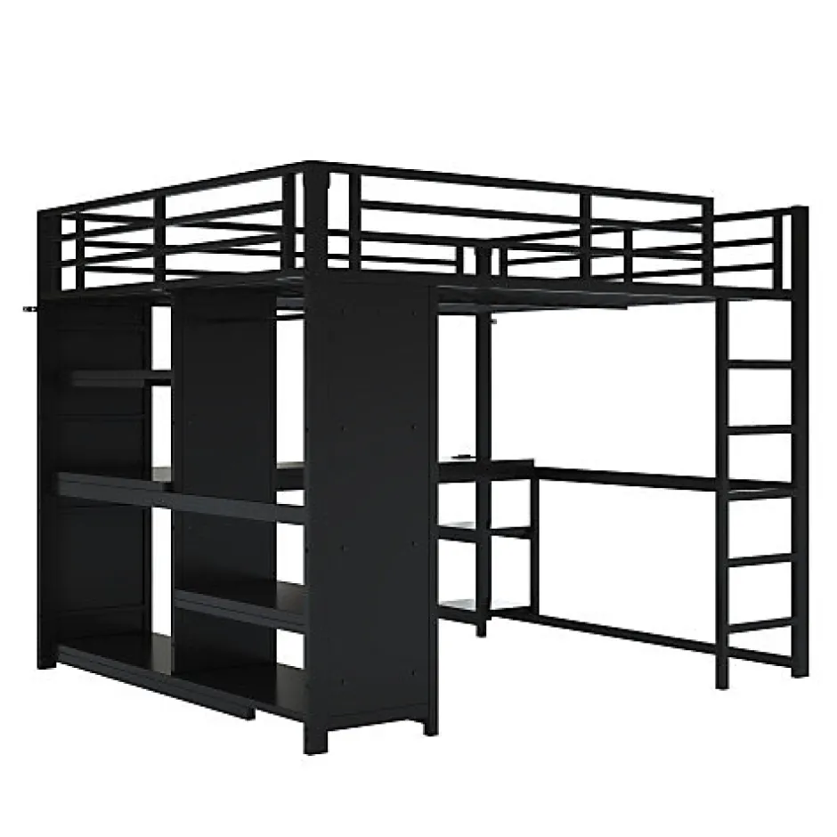 ModernLuxe Lit mezzanine en métal 160x200cm avec LED - Bureau et compartiments de rangement - Armoire ouverte - Noir (sans matelas)