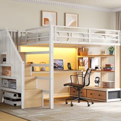 ModernLuxe Lit mezzanine en métal 140x200cm avec LED - avec bureau et étagères - 2 tiroirs et escalier de rangement - Blanc (sans matelas)