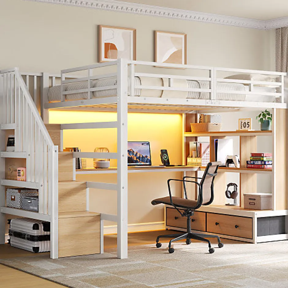 ModernLuxe Lit mezzanine en métal 140x200cm avec LED - avec bureau et étagères - 2 tiroirs et escalier de rangement - Blanc (sans matelas)
