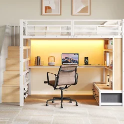 ModernLuxe Lit mezzanine en métal 140x200cm avec LED - avec bureau et étagères - 2 tiroirs et escalier de rangement - Blanc (sans matelas)