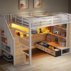 ModernLuxe Lit mezzanine en métal 140x200cm avec LED - avec bureau et étagères - 2 tiroirs et escalier de rangement - Blanc (sans matelas)