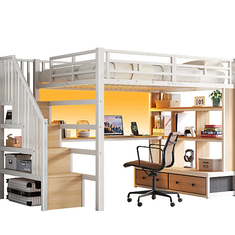 ModernLuxe Lit mezzanine en métal 140x200cm avec LED - avec bureau et étagères - 2 tiroirs et escalier de rangement - Blanc (sans matelas)