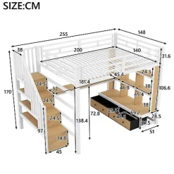 ModernLuxe Lit mezzanine en métal 140x200cm avec LED - avec bureau et étagères - 2 tiroirs et escalier de rangement - Blanc (sans matelas)