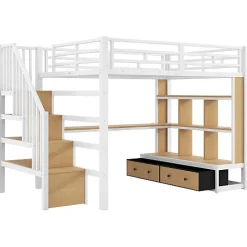 ModernLuxe Lit mezzanine en métal 140x200cm avec LED - avec bureau et étagères - 2 tiroirs et escalier de rangement - Blanc (sans matelas)