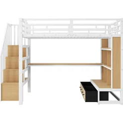 ModernLuxe Lit mezzanine en métal 140x200cm avec LED - avec bureau et étagères - 2 tiroirs et escalier de rangement - Blanc (sans matelas)