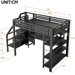 ModernLuxe Lit mezzanine en métal 140x200mm avec armoire ouverte et bureau - LED et port USB - Avec échelle de rangement et étagères - Noir Best