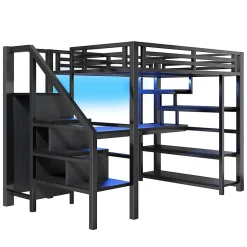 ModernLuxe Lit mezzanine en métal 140x200mm avec armoire ouverte et bureau - LED et port USB - Avec échelle de rangement et étagères - Noir Best