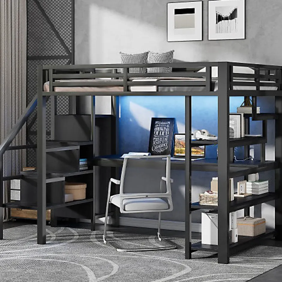 ModernLuxe Lit mezzanine en métal 140x200mm avec armoire ouverte et bureau - LED et port USB - Avec échelle de rangement et étagères - Noir Best