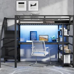 ModernLuxe Lit mezzanine en métal 140x200mm avec armoire ouverte et bureau - LED et port USB - Avec échelle de rangement et étagères - Noir Best