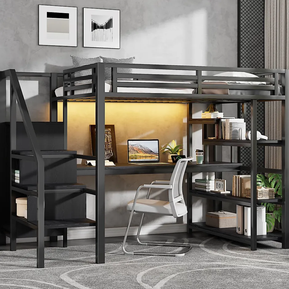 ModernLuxe Lit mezzanine en métal 140x200mm avec armoire ouverte et bureau - LED et port USB - Avec échelle de rangement et étagères - Noir Best
