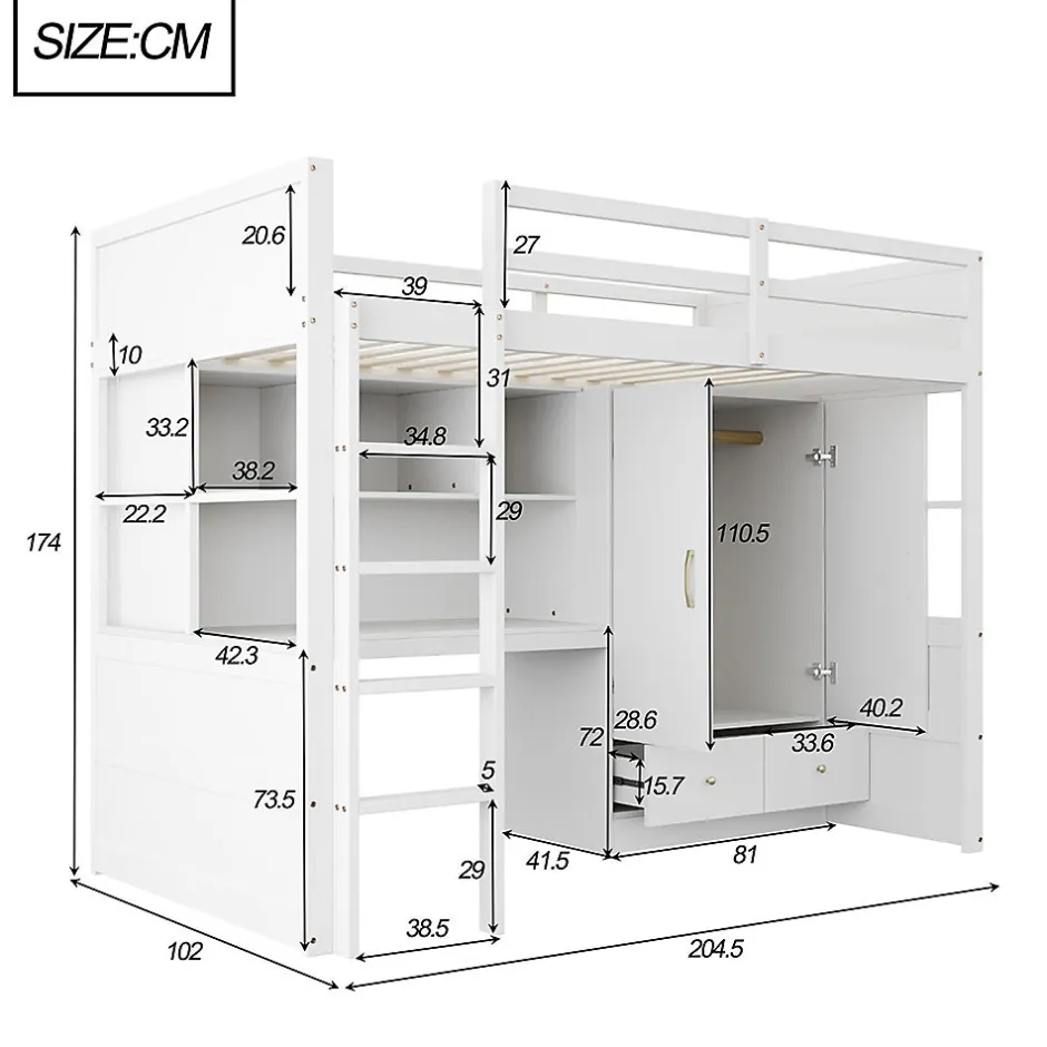 Blackcolors Lit mezzanine enfant avec bureau et armoire,90x200cm,blanc,avec échelle et rangement Discount