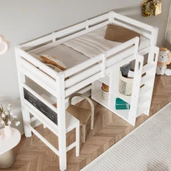 Okwish Lit Mezzanine Enfant Simple 90x200 cm - Bureau, Armoire Ouverte et Étagères, Barrières de Sécurité - sans Matelas - Blanc