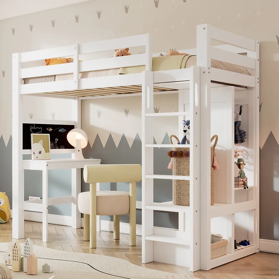 Okwish Lit Mezzanine Enfant Simple 90x200 cm - Bureau, Armoire Ouverte et Étagères, Barrières de Sécurité - sans Matelas - Blanc