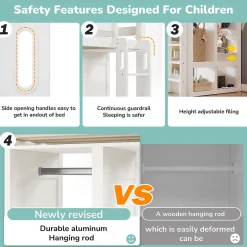 Okwish Lit Mezzanine Enfant Simple 90x200 cm - Bureau, Armoire Ouverte et Étagères, Barrières de Sécurité - sans Matelas - Blanc