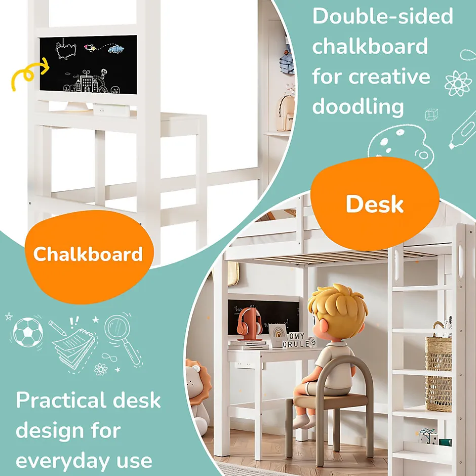 Okwish Lit Mezzanine Enfant Simple 90x200 cm - Bureau, Armoire Ouverte et Étagères, Barrières de Sécurité - sans Matelas - Blanc