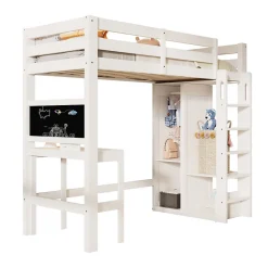 Okwish Lit Mezzanine Enfant Simple 90x200 cm - Bureau, Armoire Ouverte et Étagères, Barrières de Sécurité - sans Matelas - Blanc