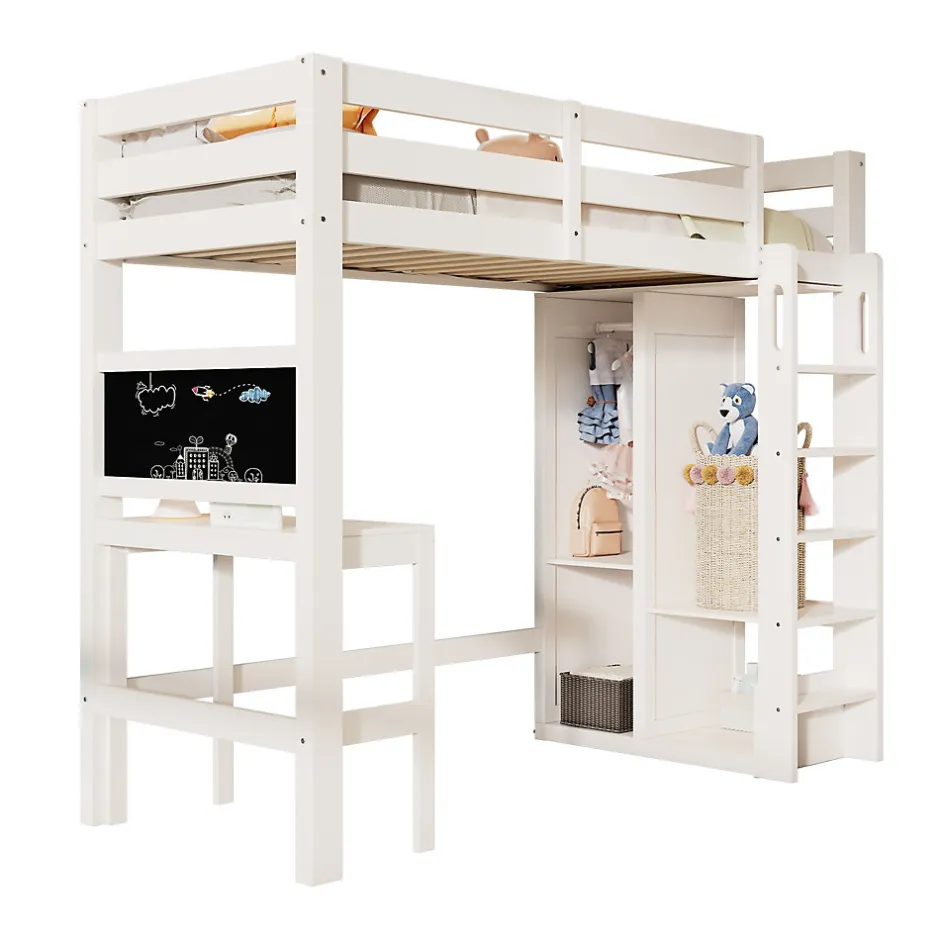 Okwish Lit Mezzanine Enfant Simple 90x200 cm - Bureau, Armoire Ouverte et Étagères, Barrières de Sécurité - sans Matelas - Blanc