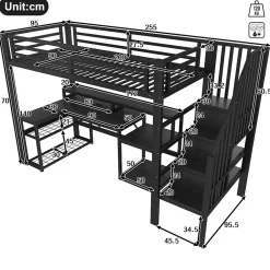 Okwish Lit Mezzanine Enfant 90x200 cm Avec Bureau, LED, Escalier de Rangement, Garde-Corps et Ports USB, Sans Matelas, Métal + MDF, Noir Hot