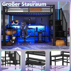 Okwish Lit Mezzanine Enfant 90x200 cm Avec Bureau, LED, Escalier de Rangement, Garde-Corps et Ports USB, Sans Matelas, Métal + MDF, Noir Hot