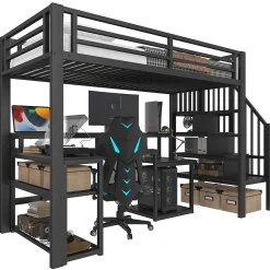 Okwish Lit Mezzanine Enfant 90x200 cm Avec Bureau, LED, Escalier de Rangement, Garde-Corps et Ports USB, Sans Matelas, Métal + MDF, Noir Hot