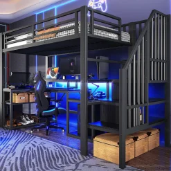 Okwish Lit Mezzanine Enfant 90x200 cm Avec Bureau, LED, Escalier de Rangement, Garde-Corps et Ports USB, Sans Matelas, Métal + MDF, Noir Hot